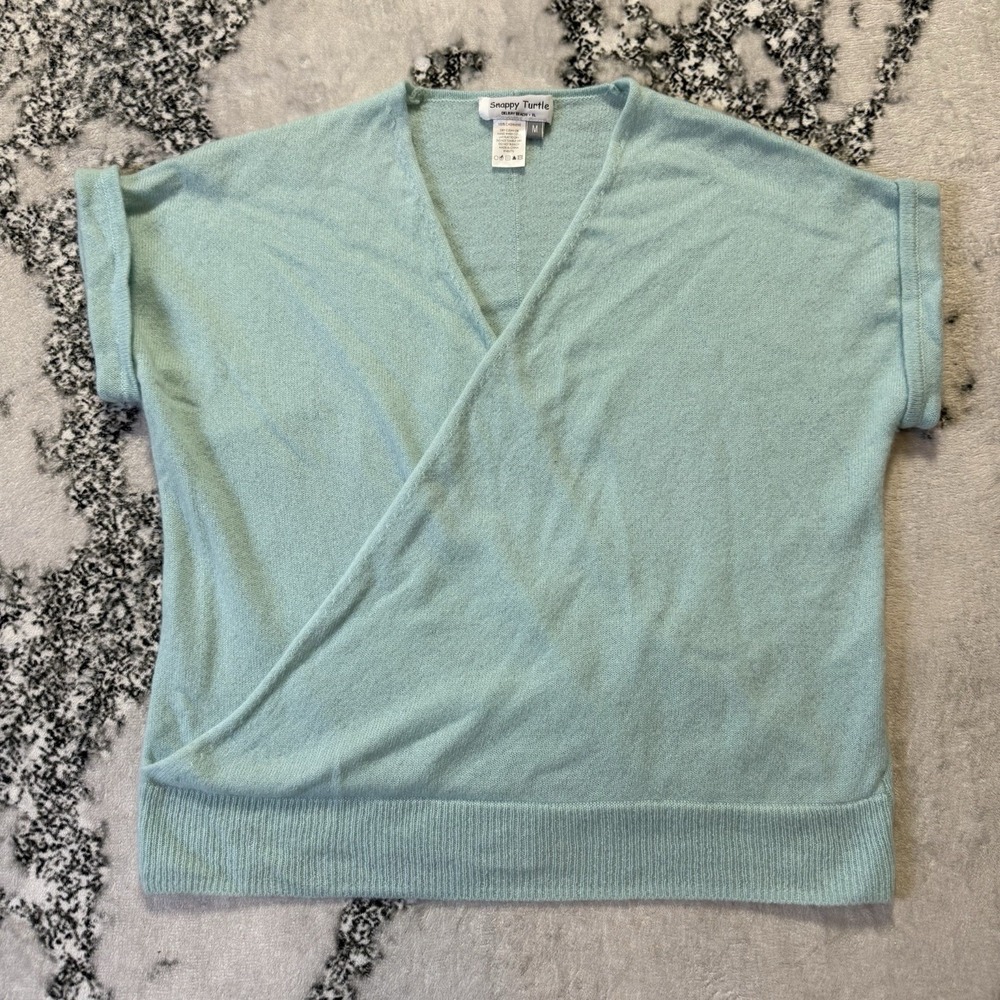 Snappy‎ Turtle Sweater Womens Size M Blue 100% Cashmere Wrap Short Sleeve V Neck